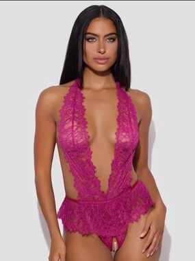 Plunging Lace Halter Crotchless Pearl Teddy in Fuchsia